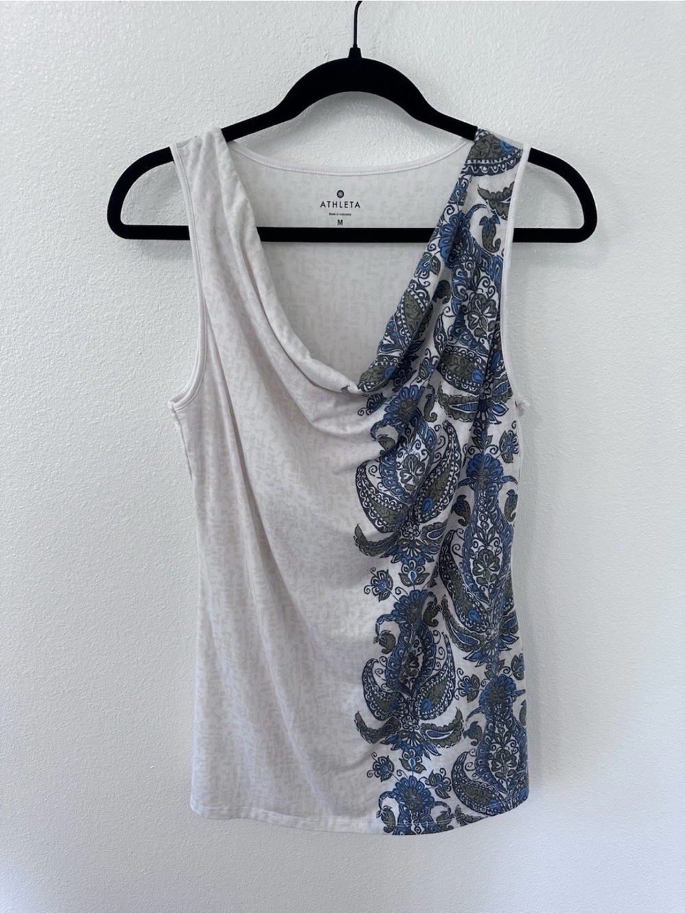 Athleta White Tank with Blue and Gray Paisley Side Panel